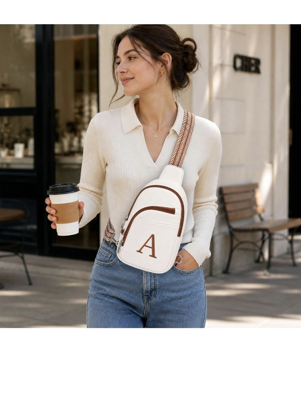 Monogram "A" Crossbody Sling Bag – Cream with Brown Trim
